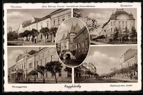 AK Nagykároly, Bankpalota, Városháza, Vármegyeháza, Széchenyi-utca részlet