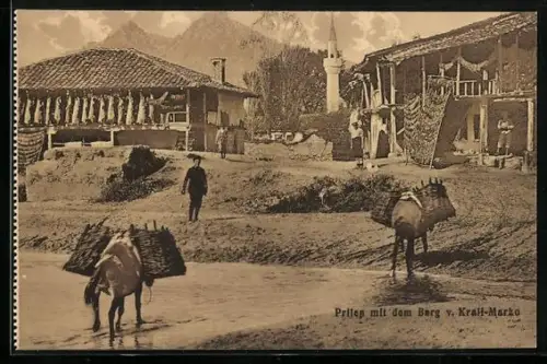 AK Prileb, Ortspartie mit Moschee und dem Berg v. Krali-Marko