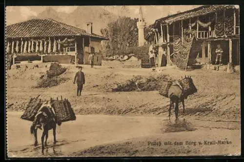 AK Prilep, Ortspartie mit Moschee und dem Berg v. Krali-Marko