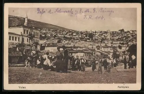 AK Veles, Marktplatz und Panoramablick auf die Stadt