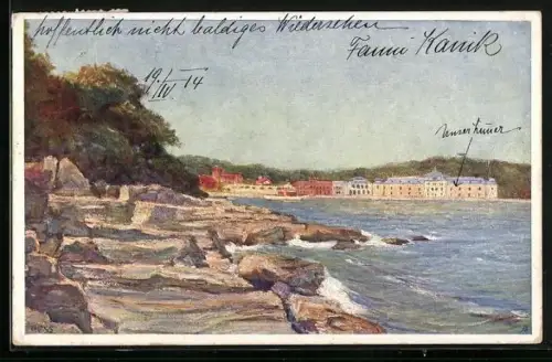 Künstler-AK Brioni, Ortsansicht mit Hotel Carmen