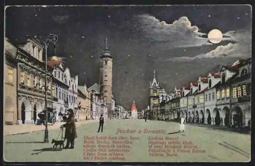 AK Domazlice, Strassenpartie bei Mondschein