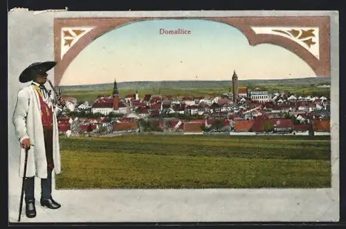 AK Domazlice, Teilansicht, Mann mit Tabakspfeife, Passepartout
