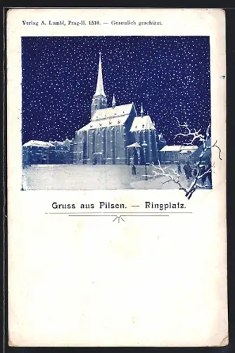 AK Pilsen, Kirche am Ringplatz im Schnee