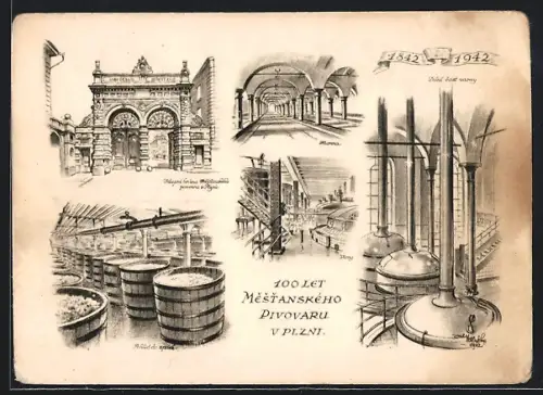 Künstler-AK Pilsen, Gasthaus Bürgerbräuhaus 1842-1942, Eingangstor und innere Einrichtung
