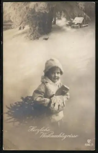 Foto-AK GL Co Nr. 6196/1: Mädchen trägt ein Geschenk nach Hause, Herzliche Weihnachtsgrüsse