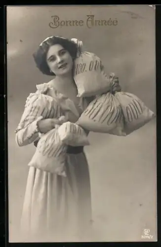 Foto-AK GL Co Nr. 3314/2: Junge Frau mit Geldsäcken im Arm, Bonne Année