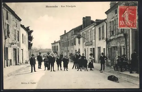 AK Mercuès, Rue Principale avec habitants rassemblés