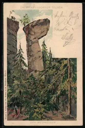 Lithographie Wekelsdorf, Wekelsdorfer Felsen, Der Wegweiser