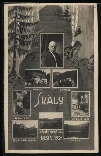 AK Skály, Zámek, Skalni vez, Jezirko, Hrob Evicky, Vchod do Veze