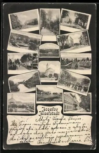 AK Josefstadt / Josefov / Jaromer, Ortsansicht mit Kirche, Fluss- & Strassenpartie