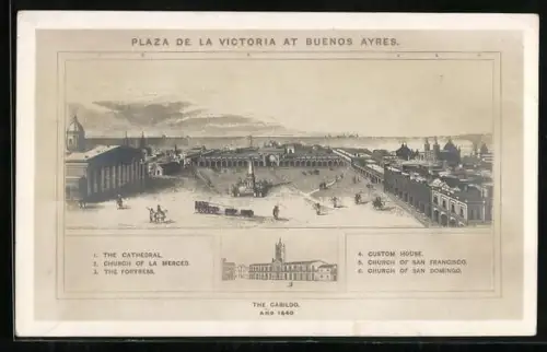 Lithographie Buenos Aires, Plaza de la Victoria, Cabildo
