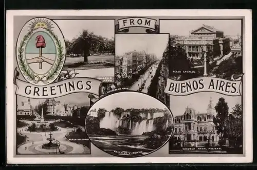 AK Buenos Aires, Avenida del Mayo, Falls of Y-Guazu, Plaza Lavalle, Wappen