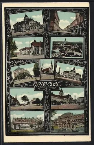 AK Korneuburg, Bahnhof, Kirche, Brücke, Strassenpartie, Ansichten im Passepartout