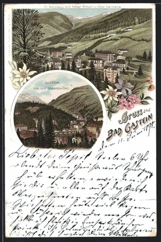 Lithographie Bad Gastein, St. Nicolaus mit Hotel Hirsch u. Hotel Germania, Ortsansicht von der Schillerhöhe
