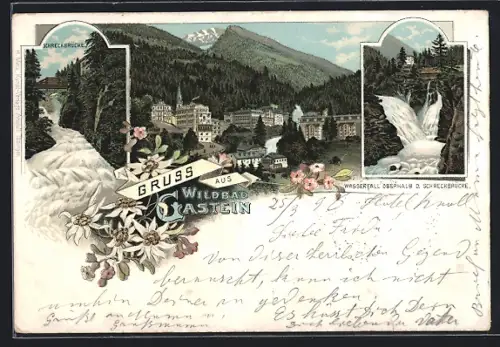 Künstler-AK Gastein, Panorama, Schreckbrücke, Wasserfall oberhalb der Schreckbrücke