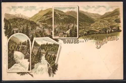 Lithographie Wildbad Gastein, Schillerhöhe, Unterer Fall, der obere Fall