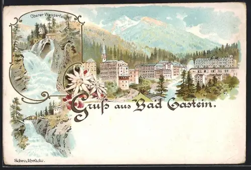 Lithographie Bad Gastein, Oberer Wasserfall, Schreckbrücke