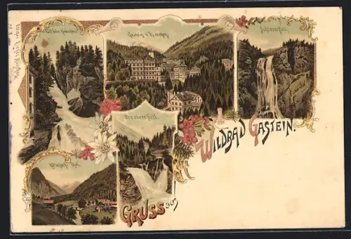 Lithographie Wildbad Gastein, Teilansicht vom Hotel Hirschen, Kötschach-Thal, Oberer Fall