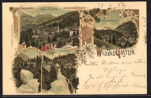 Lithographie Wildbad Gastein, Ortsansicht vom Elisabethhof aus, unterer und oberer Fall