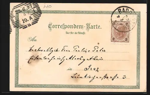 Lithographie Wildbad Gastein, Ortsansicht vom Elisabethhof aus, unterer und oberer Fall