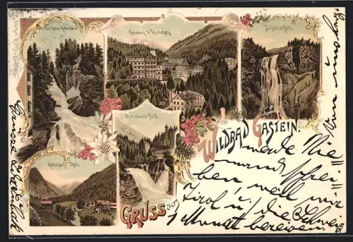 Lithographie Wildbad Gastein, Teilansicht vom Hotel Hirschen, Kötschach-Thal, Oberer Fall