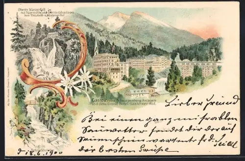 Lithographie Gastein mit Schwarzenberg-Anlagen und Grand-Hotel Gasteiner Hof, Oberer Wasserfall, Schreckbrücke