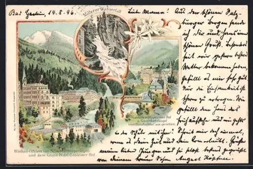 Lithographie Bad Gastein, Grand Hotel Gasteiner Hof, Mitterer Wasserfall