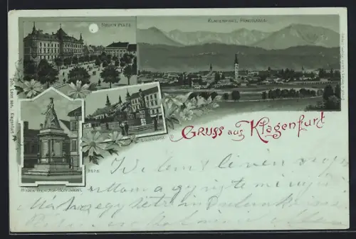 Mondschein-Lithographie Klagenfurt, Neuer Platz, Lindwurm, Maria Theresia-Monument