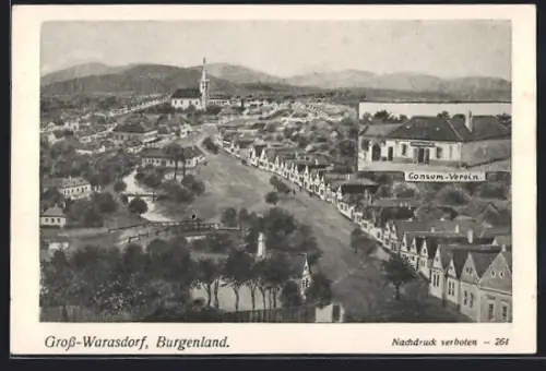 AK Gross-Warasdorf /Burgenland, Consum-Verien, Strassenpartie mit Kirche