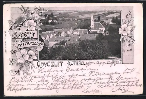 AK Rattersdorf, Teilansicht mit Kirche, Passepartout