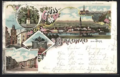 Lithographie Braunau a. Inn, Gesamtansicht, Neue Innbrücke, Palm Denkmal, Stadthaus, Österr. Brückenportal, Stadtplatz