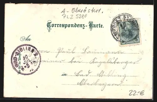 Lithographie Braunau a. Inn, Gesamtansicht, Neue Innbrücke, Palm Denkmal, Stadthaus, Österr. Brückenportal, Stadtplatz