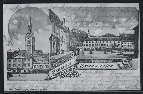 Metallfolie-AK Bruck a. d. Mur, Kirche und Hauptplatz