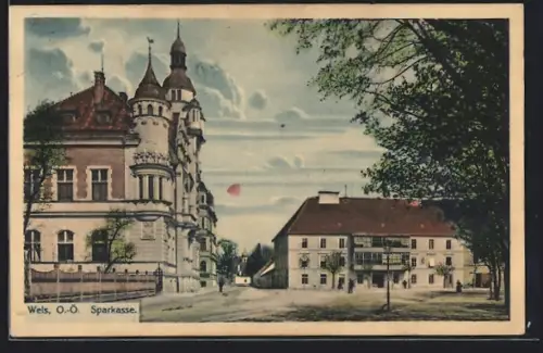 AK Wels /O.-Ö., Sparkasse mit Strassenpartie