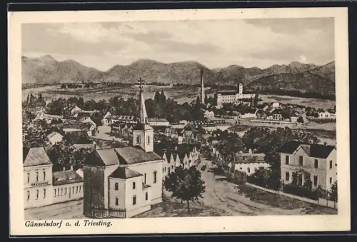 Künstler-AK Günselsdorf a. d. Triesting, Strassenpartie mit Kirche