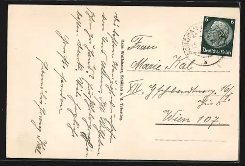 Künstler-AK Günselsdorf a. d. Triesting, Strassenpartie mit Kirche