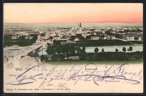 AK Wels, Totalansicht mit Brücke