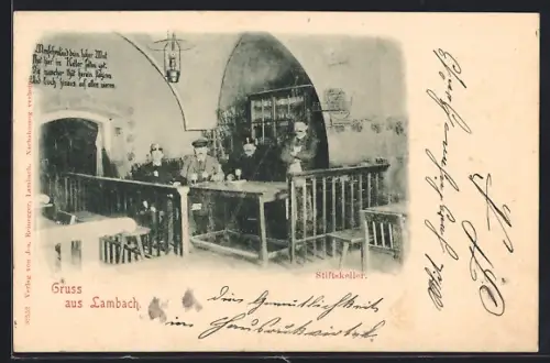 AK Lambach /O.-Oe., Gasthaus Stiftskeller, Stammtisch mit dem Wirt