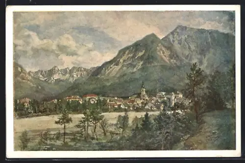 Künstler-AK Ferlach im Rosental, Teilansicht mit Kirche