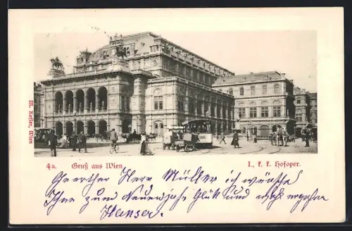 AK Wien, K. k. Hofoper mit Strassenbahn