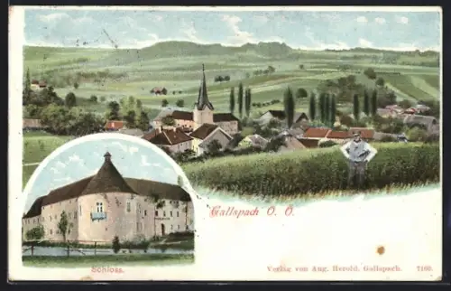 Lithographie Gallspach, Schloss, Stadtpanorama