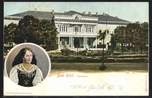 AK Bad Hall, Kurhaus, Frau in Tracht