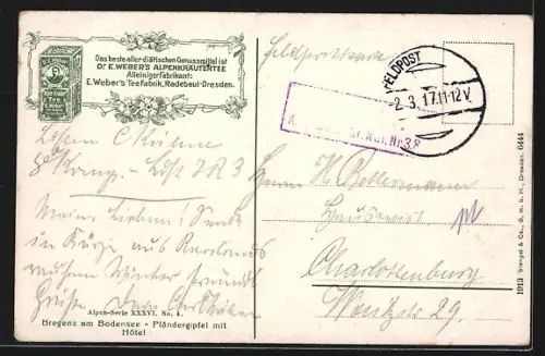 AK Bregenz am Bodensee, Pfändergipfel mit Hotel, Reklame für Dr. E. Webers Alpenkräutertee