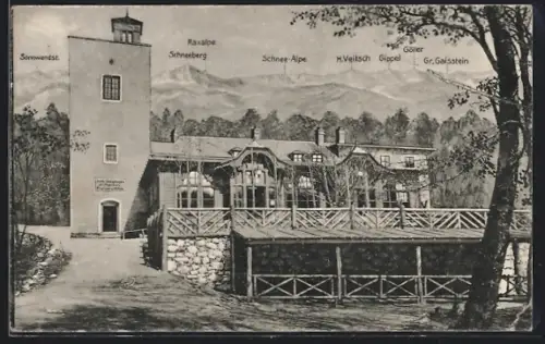 AK Schutzhaus am Hohen Lindkogel, Terrasse und Gebirgspanorama