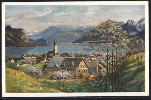 AK St. Gilgen am Abersee, Gesamtansicht mit Bergblick