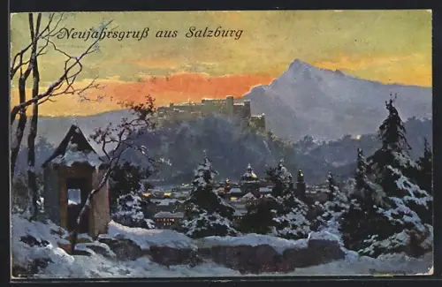 Künstler-AK Salzburg, Teilansicht im Schnee, Neujahrsgruss