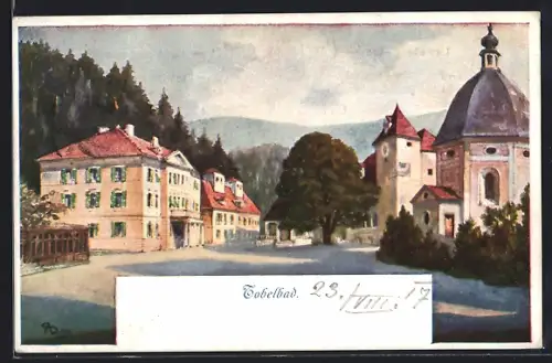 Künstler-AK Tobelbad, Strassenpartie im Ort