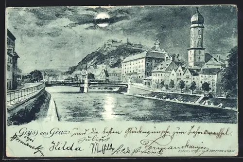 Lithographie Graz, Uferpartie mit Kirche