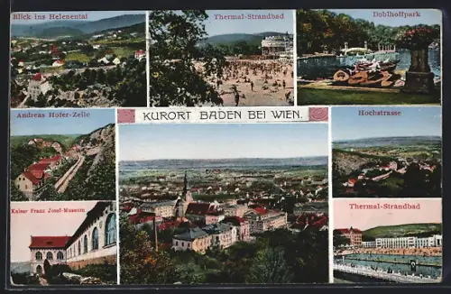 AK Baden bei Wien, Andreas Hofer-Zeile, Doblhoffpark, Hochstrasse, Thermal-Strandbad